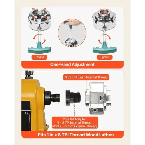 VEVOR 4 Zoll Drechselfutter 4 Backen Zentrierfutter mit 1 Zoll x 8 TPI Gewinde & Adapter, mit Rundbacken & Stufenbacken, Hochfester Stahl Vernickelte Oberfläche Spreizen und Klemmen für Drechselbänke – Bild 5