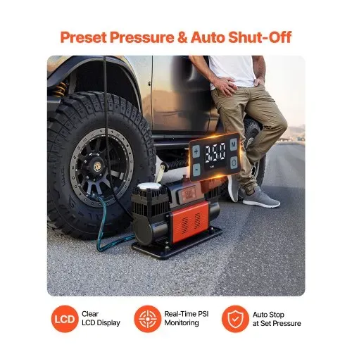 VEVOR Luftkompressor Zweizylinder, 300 L/min, Reifenfüller mit automatischer Abschaltung, 12 V, 10,3 bar, Offroad-Luftpumpe mit LCD-Digitalanzeige & Adaptern für LKW, PKW, SUV, Geländewagen & RV – Bild 2