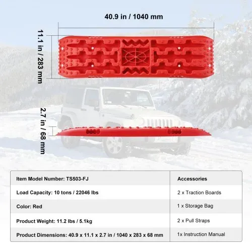 VEVOR 10 TONNEN Traktionsbretter mit PP-Material, Bergungsbretter für Geländefahrzeuge/Autos/Pickups/SUVs/Wohnmobile, Paar Reifen-Traktionsmatten auf Schnee, Sand, Schlamm und losem Untergrund, Aufbewahrungstasche, lang, rot – Bild 6