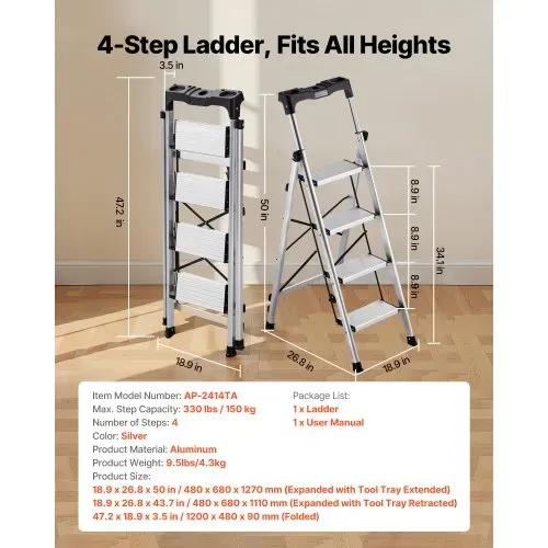 VEVOR Trittleiter 4 Stufen, Klappleiter mit Anti-Rutsch-Stufen & Komfortablem Handgriff, Haushaltsleiter Tragkraft 150 kg, Aluminium-Sicherheitsleiter für Küche, Haushalt, Lager & Büro, Silber VEVOR Trittleiter 4 Stufen, Klappleiter mit Anti-Rutsch-Stufen & Komfortablem Handgriff, Haushaltsleiter Tragkraft 150 kg, Aluminium-Sicherheitsleiter für Küche, Haushalt, Lager & Büro, Silber