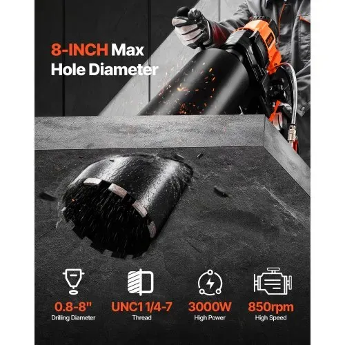 VEVOR Diamantkernbohrmaschine Kernbohrgerät, 2-20 cm Bohrdurchmesser, Nass Trocken Diamantbohrer mit 8 Bohrern & Bohrständer, 850 U/min, UNC1 1/4-7 Gewinde, für Beton Ziegel Stein, 3000 W VEVOR Diamantkernbohrmaschine Kernbohrgerät, 2-20 cm Bohrdurchmesser, Nass Trocken Diamantbohrer mit 8 Bohrern & Bohrständer, 850 U/min, UNC1 1/4-7 Gewinde, für Beton Ziegel Stein, 3000 W