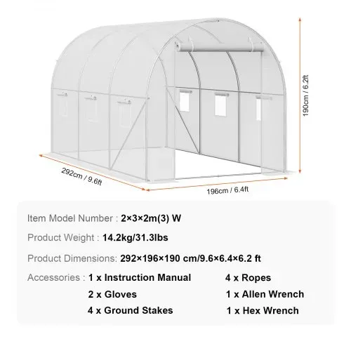 VEVOR begehbares Tunnel-Gewächshaus, 3,9 x 1,9 x 1,8 m, Foliengewächshaus-Tunnel, Pflanzen-Gewächshaus mit verzinktem Stahlrahmen, weißer PE-Abdeckung, aufrollbarer Reißverschlusstür und 6 Fenstern für den Außenbereich – Bild 6