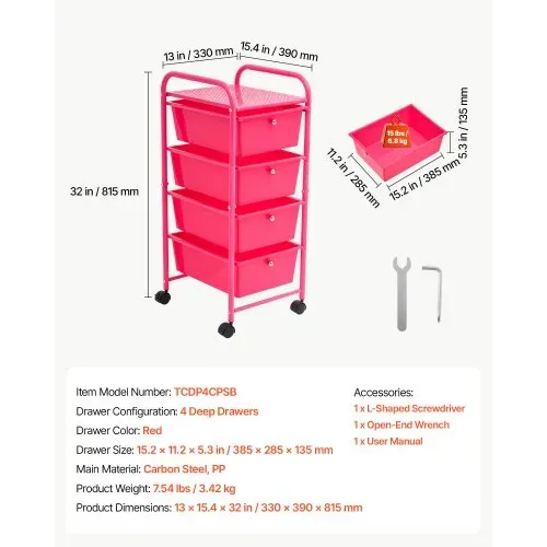 VEVOR Rollwagen mit 4 Schubladen Schubladenwagen 330x390x815mm Rosenrot, Metallgestell, Ablagefläche, Handgriffe, Lenkrolle mit 2 Bremsen, Mobiler Aufbewahrungswagen für Büro Werkstatt Klassenzimmer – Bild 6