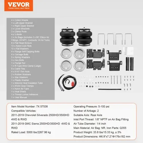VEVOR Airbag-Federungssatz, Luftfeder-Federungssatz Kompatibel mit 2011-2019 Chevrolet Silverado 2500/3500HD und GMC Sierra 2500/3500HD 4WD RWD, 5000 lbs Belastung, 5 bis 100 PSI – Bild 6