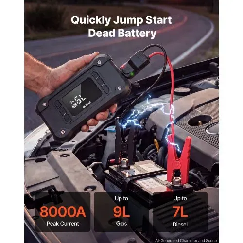 VEVOR Starthilfe Powerbank mit Luftkompressor 8000 A Spitzenleistung Schwarz für 9,0-L-Benzin- / 8,0-L-Dieselmotoren, 150 psi Reifendruck, Automatische Abschaltung, 12-V-Ladegerät und LED-Taschenlampe – Bild 2