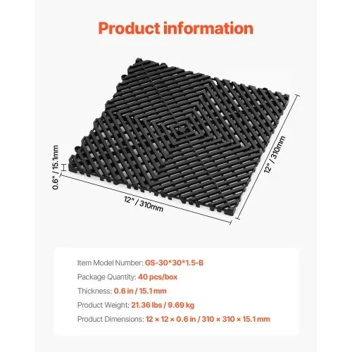 VEVOR ineinandergreifende Drainagematte Duschmatte 31 x 31 cm modulares ineinandergreifende Bodenmatten, 40 STK. Spleiß-Drainagematten, rutschfeste Drainage-Bodenfliesen, für Garage Garten Schwarz – Bild 6