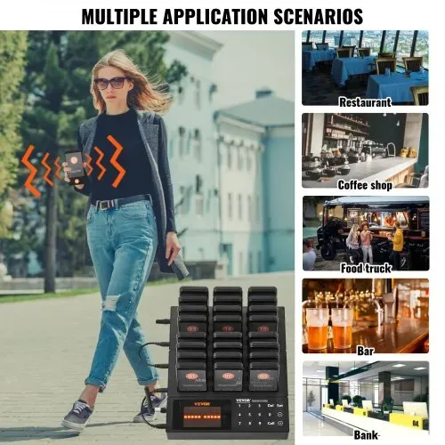 VEVOR Restaurant-Pager-System, Kabelloses Warteschlangensignal mit 400 m Reichweite, Piepser zur Rufannahme von Gästen mit Vibration und Blinken, 24 Pager für Imbisswagen, Kirche – Bild 5