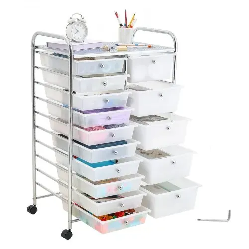VEVOR Rollwagen mit 15 Schubladen Rollcontainer Doppelreihe 635x390x965mm, Metallgestell, Ablagefläche, Handgriffe, Lenkrolle mit 2 Bremsen, Mobiler Aufbewahrungswagen für Büro Werkstatt Bastelzimmer – Bild 8