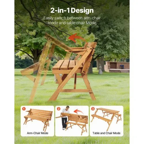VEVOR 2 in 1 umwandelbarer & austauschbarer Picknicktisch, Outdoor-Tisch- und Bank-Set aus Holz, tragbare, faltbare Bank mit Loch für Schirm, Essmöbel für Garten, Hinterhof, Veranda (braun) – Bild 4