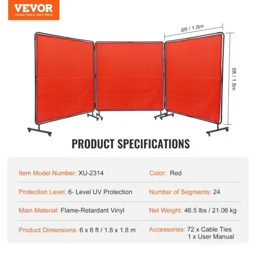 VEVOR 3-Panel-Schweißvorhang 1,8 x 1,8 m Schweißschutzvorhang aus Flammhemmendem Vinyl Schweißschutzwand mit 12 Schwenkrädern und einem 6-stufigen UV-Schutz Schweißerdecke Schweißschutz Rot – Bild 6