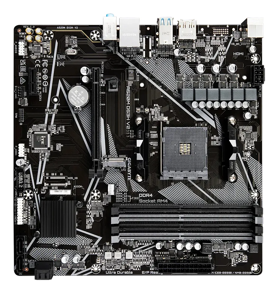 GIGABYTE A520M DS3H V2 Mainboard - Unterstützt AMD Ryzen 5000 Serie AM4 CPUs, bis zu 4733 MHz DDR4 (OC), PCIe 3.0 x16, GbE LAN, USB 3.2 Gen 1 – Bild 2