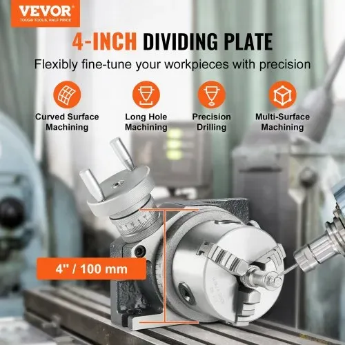 VEVOR Drehtisch für Fräsmaschinen, 100mm, horizontales vertikales Modell, Präzisionsfräsdrehtisch, mit 80mm 3-Backenfutter, M10-T-Bolzenmuttern, für Frästechnik-Indizierungswerkzeuge VEVOR Drehtisch für Fräsmaschinen, 100mm, horizontales vertikales Modell, Präzisionsfräsdrehtisch, mit 80mm 3-Backenfutter, M10-T-Bolzenmuttern, für Frästechnik-Indizierungswerkzeuge