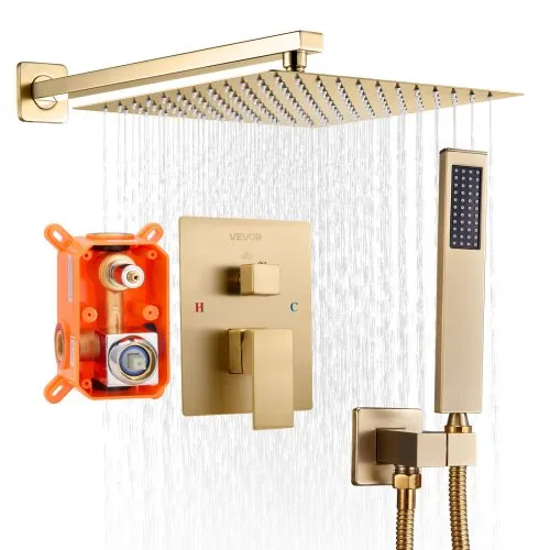 VEVOR Duscharmatur Regenduschsystem fürs Badezimmer Duschsystem mit 254 mm quadratischen Regenduschkopf & Handbrause, wandmontierte Badezimmerarmaturen mit Messingventil & Zierset, gebürstetes Gold VEVOR Duscharmatur Regenduschsystem fürs Badezimmer Duschsystem mit 254 mm quadratischen Regenduschkopf & Handbrause, wandmontierte Badezimmerarmaturen mit Messingventil & Zierset, gebürstetes Gold