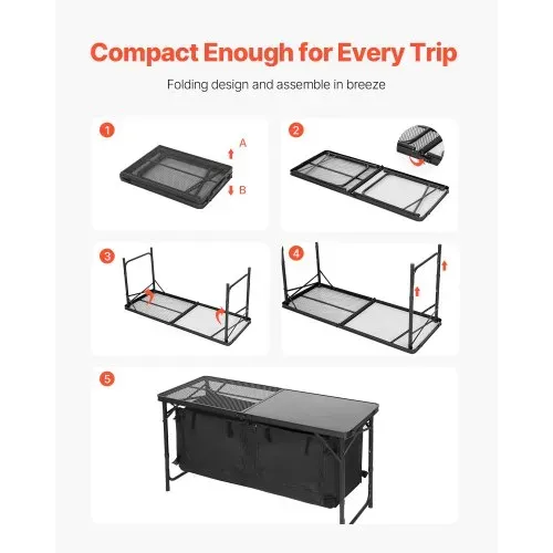 VEVOR Camping Küchentisch klappbarer Kochtisch Outdoor, 3-fach höhenverstellbar, tragbare Kochstation aus Aluminium mit Organizer & Tragegriff, für Grillpartys Picknicks Wohnmobilreisen Schwarz – Bild 4