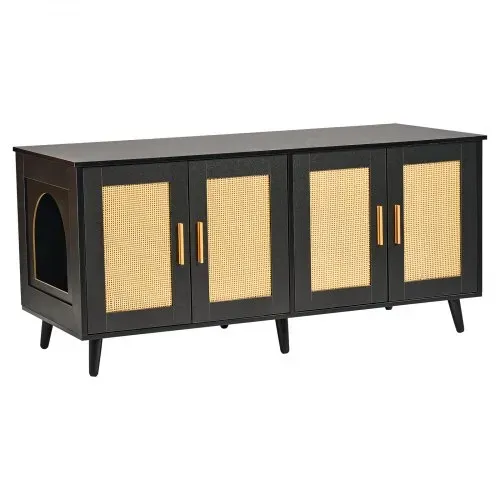 VEVOR Katzentoilettengehäuse für 2 Katzen, Katzentoilettenmöbel versteckt mit Rattan-verzierten Türen, Katzentoilettenschrank aus Holz passt in die meisten Katzentoiletten, 119,4 cm L x 40,1 cm B x 55,6 cm H, schwarz – Bild 8