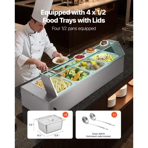 VEVOR kommerzieller Speisenwärmer (4 x 1/2 Größe Behälter), 1,5 kW elektrischer Wärmebehälter aus Edelstahl mit Glasabdeckung & Suppenkelle, Chafing Dishes Set für Catering Restaurant Party – Bild 2