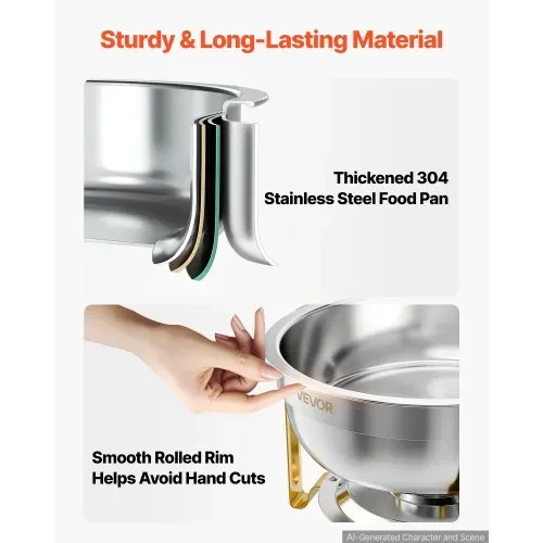 VEVOR Chafing Dish Rund 2er-Set je 5,68 L aus Edelstahl Warmhaltebehälter Ideal für Hochzeiten, Partys & Familienfeiern, zum Warmhalten oder Kühlen von Speisen, 2 Speisebehälter, Zange & Glasschale – Bild 3