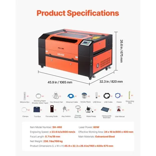 VEVOR CO2-Lasergravierer 60 W, 600x400 mm Arbeitsbereich, CO2-Laser-Gravier- & Schneidemaschine mit 4-Wege-Luftunterstützung, kompatibel mit LightBurn, CorelDRAW & RDWorks, für Holz, Acryl & Glas – Bild 6