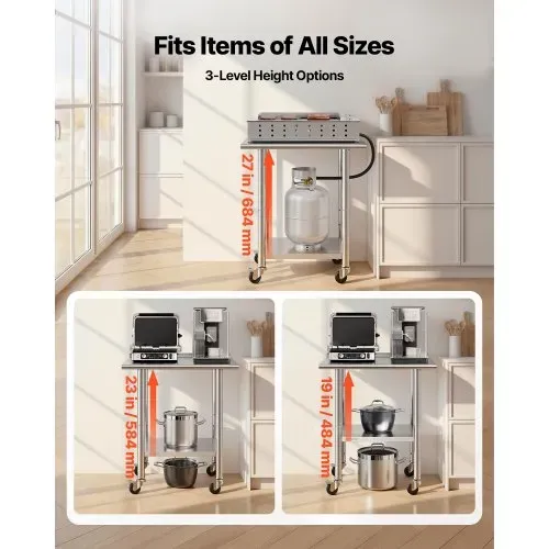 VEVOR Edelstahltisch Gastro 762 x 610 x 894 mm, Verstellbarer Edelstahltisch mit Rollen, Aufkantung (30 mm), Arbeitstisch mit Grundboden für Restaurant Obere Ablage (204 kg) Untere Ablage (168 kg) – Bild 5