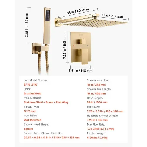 VEVOR Duscharmatur Regenduschsystem fürs Badezimmer Duschsystem mit 254 mm quadratischen Regenduschkopf & Handbrause, wandmontierte Badezimmerarmaturen mit Messingventil & Zierset, gebürstetes Gold – Bild 6