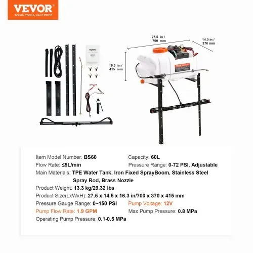 VEVOR ATV Sprüher 7 L/min Drucksprühgerät 12-V-Pumpe 0,1–0,5 MPa Pumpe-Betriebsdruck Sprühgerät 0–72 PSI Drucksprüher Inkl. 6,1 m Schlauch 2,5 m Schnellkupplungsleine Ideal für ATVs UTVs Traktoren – Bild 6