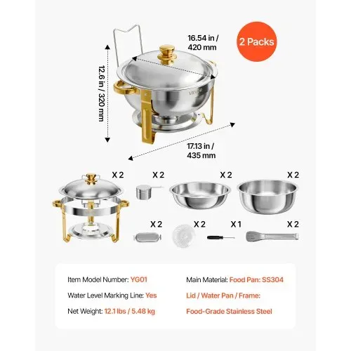 VEVOR Chafing Dish Rund 2er-Set je 5,68 L aus Edelstahl Warmhaltebehälter Ideal für Hochzeiten, Partys & Familienfeiern, zum Warmhalten oder Kühlen von Speisen, 2 Speisebehälter, Zange & Glasschale – Bild 6