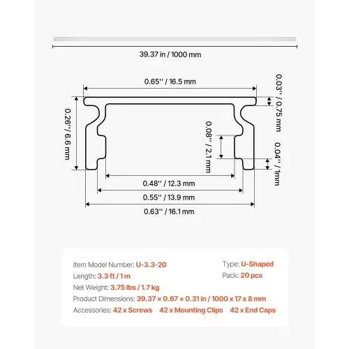 VEVOR LED Profil 20er-Pack 1 m, Eloxierte Aluminiumprofile mit Milchiger Abdeckung, Endkappen & Befestigungsclips, Kanäle, Diffusor für LED-Streifen, Ideal für Unterbau-Arbeitsplatten, U Form – Bild 6