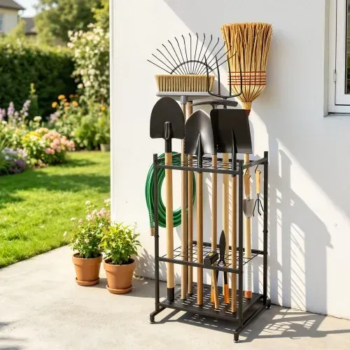 VEVOR Gartengeräte Ständer 440x405x760mm Gerätehalter aus Metall Schwarz, Aufbewahrungsregal für Garage Schuppen Garten, Organizer für Besen Mopp, mit Doppelschichtschlitzen 4 Haken & Nivellierfüßen – Bild 7