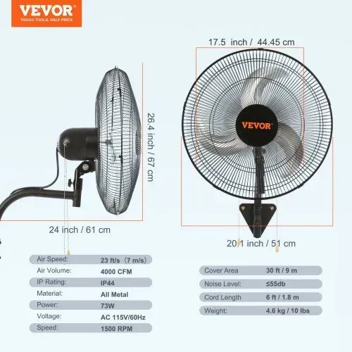 VEVOR Wandventilator, 44,45 cm Wandventilator 4000 CFM, 3 Geschwindigkeiten, Wohn- und Gewerbeventilator zur Kühlung von Lagerhäusern, Gewächshäusern, Werkstätten, Terrassen und Kellern, Schwarz – Bild 6