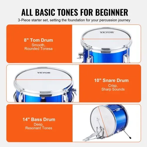 VEVOR Schlagzeugset, 3-teilig, Drum Set mit verstellbarem Thron-Becken-Pedal, zwei Paar Drumsticks, ca. 20 cm Tom Drum, 25 cm Snare Drum, 36 cm Bass Drum, Starter-Schlagzeugset für Kinder, blau – Bild 2