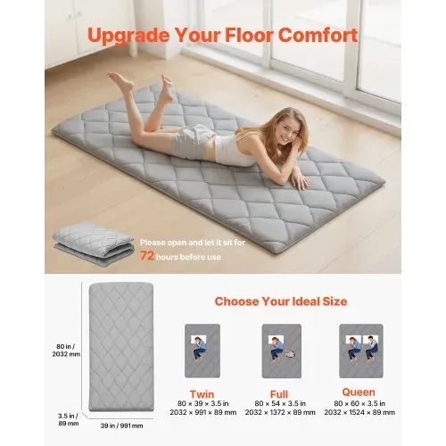 VEVOR japanische Futon-Matratze (2032 x 991 x 89 mm), faltbare Tatami (Einzelbettgröße), Bodenmatratze mit Aufbewahrungstasche & Befestigungsmaterial, 9-lagige Schlafmatte für Meditation Yoga, Grau VEVOR japanische Futon-Matratze (2032 x 991 x 89 mm), faltbare Tatami (Einzelbettgröße), Bodenmatratze mit Aufbewahrungstasche & Befestigungsmaterial, 9-lagige Schlafmatte für Meditation Yoga, Grau