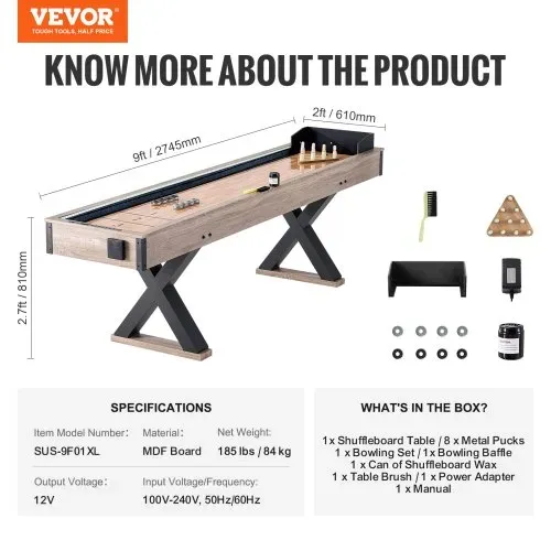VEVOR Shuffleboard-Tisch, 9 Fuß langes Shuffleboard mit LED-Beleuchtung für das Familienspielzimmer, 2-in-1-Shuffleboard- und Bowling-Kombispielset, mit kratzfestem Spielfeld, Beinen, 8 Pucks, Bowlingset, Wachs, Bürste – Bild 6