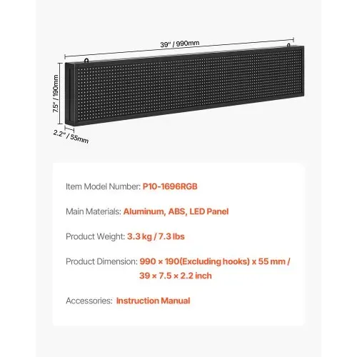 VEVOR programmierbare LED Zeichen P10 Vollfarbe flexibles digitales Scrolling Panel, DIY Anzeigetafel mit benutzerdefiniertem Textmuster und GIF & Bluetooth App Steuerung (990 x 190 x 55 mm) – Bild 6