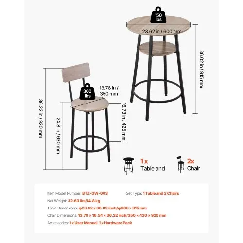 VEVOR Bartisch-Set (3-tlg.) mit 2 Barstühlen & abgerundeten Kanten, runder Kneipentisch Stehtisch (600 x 915 mm), Bistrotisch Esstisch Hellgrau, Schwarz, geeignet für Büro Minibar Frühstücksecke – Bild 2