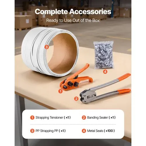 VEVOR 4 tlg. Umreifungsset mit Umreifungsband, Manuelle Umreifungsgerät mit 100 m PET Band, 100 Metallklammern & Schneider, Ideale Werkstattausstattung für industrielle Verpackung, Transport & Lager VEVOR 4 tlg. Umreifungsset mit Umreifungsband, Manuelle Umreifungsgerät mit 100 m PET Band, 100 Metallklammern & Schneider, Ideale Werkstattausstattung für industrielle Verpackung, Transport & Lager