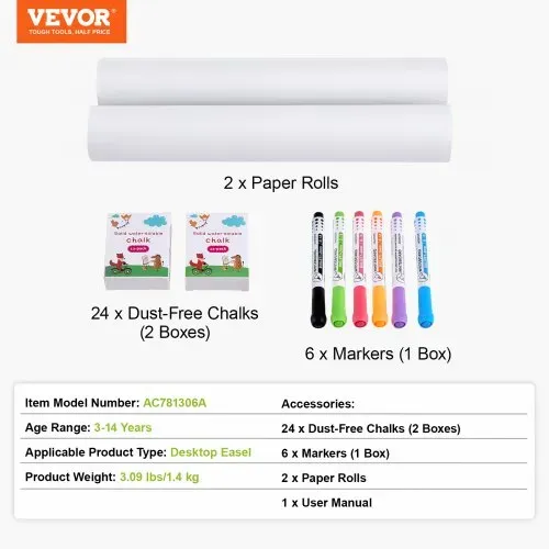 VEVOR Kindertafel Zubehörset, 32-teiliges Spieltafel-Malset für Kinder, inklusive Kreiden, trocken abwischbaren Markern und Papierrollen, Zubehörset für Staffelei, Malzubehör für Kinder ab 3 Jahren – Bild 6