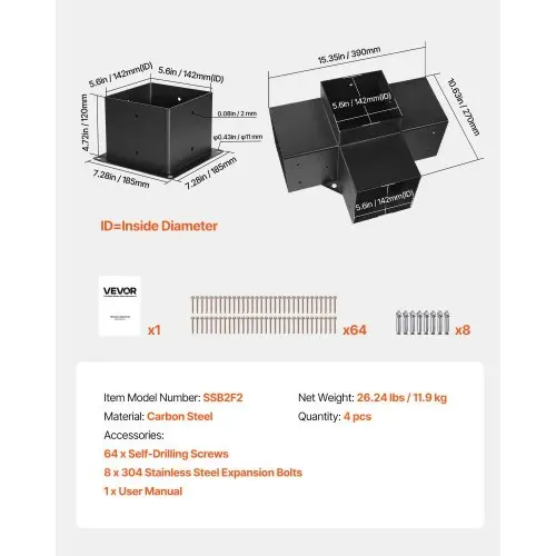 VEVOR Pfostenverbinder, passend für 142x142 mm Pfosten, 4-Wege-Hochleistungs-Eckhalterung, Woodworks DIY-Pfostenbasissatz, Pfostennecke für Pavillons, Terrassenpergolen, Blockhütten, 4 Stk. – Bild 6