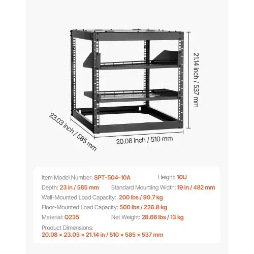 VEVOR 10U Open Frame Netzwerk-Rack, 585 mm Tiefe, Wandmontage oder als Stand-Server-Rack, 4-Pfosten-Konstruktion, mit belüfteten Regalen & Montagezubehör, für all Netzwerk-IT-Geräte &AV-Ausrüstung – Bild 6