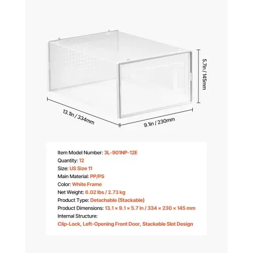 VEVOR Schuhaufbewahrungsboxen stapelbare Schuhboxen (12 Stk.) passend bis US-Größe 11, modulare Schuh-Organizer aus Kunststoff zur Aufbewahrung von High Heels & Stiefeln & Hüten, weißer Rahmen – Bild 6