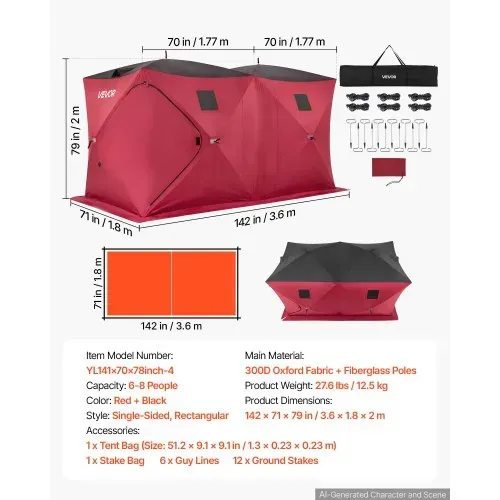 VEVOR Eisangelzelt Eisfischerzelt für 6-8 Personen 3,6x1,8x2m Eisschutzzelt, Angelzelt für Winterfischen, 6,27 m² Fläche, 300D Oxford-Gewebe, Hub-Style-Zelt mit Ankern, Seile, Tragetasche, Rot/Schwarz – Bild 6