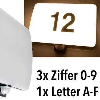 LED Wandleuchte „PADAR“ mit PIR-Sensor IP65, 20W, mit Hausnummer & Buchstaben LED Wandleuchte „PADAR“ mit PIR-Sensor IP65, 20W, mit Hausnummer & Buchstaben