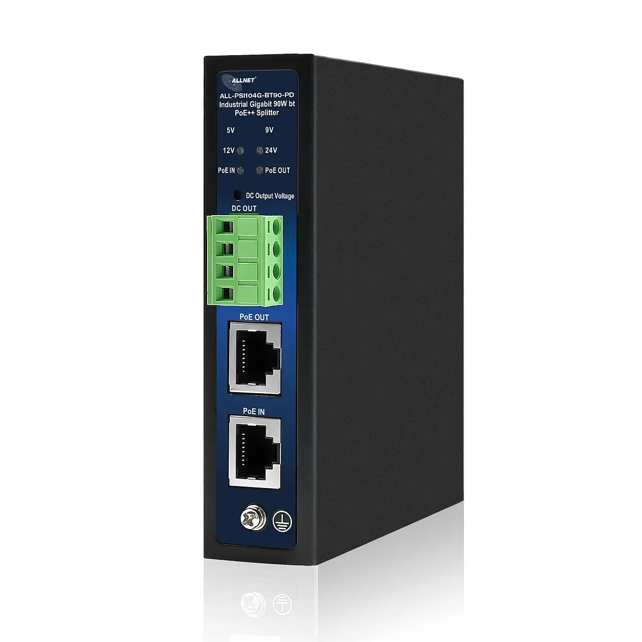ALLNET PoE Splitter/Extractor industrial • 1x GbE PoE BT IN • 1x GbE PoE Out • 5V/9V/12V/24V adjustable • DIN-Rail • ALL-PSI104G-BT90-PD ALLNET PoE Splitter/Extractor industrial • 1x GbE PoE BT IN • 1x GbE PoE Out • 5V/9V/12V/24V adjustable • DIN-Rail • ALL-PSI104G-BT90-PD