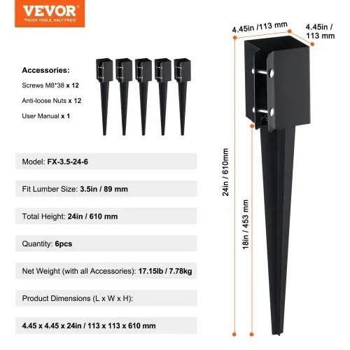VEVOR Erdspieß für Zaunpfosten, 6er-Pack, 113 x 113 x 610 mm Außendurchmesser (Innendurchmesser 8,9 x 8,9 cm), Metall, schwarz pulverbeschichtet, Erdspieß für Briefkästen, Terrassen, Gartengeländer – Bild 6