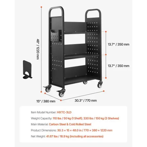 VEVOR Bücherwagen, 150 kg Tragkraft, Bibliothekswagen, 77 x 38 x 122 cm, einseitiges L-förmiges Bücherregal mit Doppelbremsrollen, Bücherregalwagen für Wohnzimmer, Büro, Schule, Schwarz – Bild 6