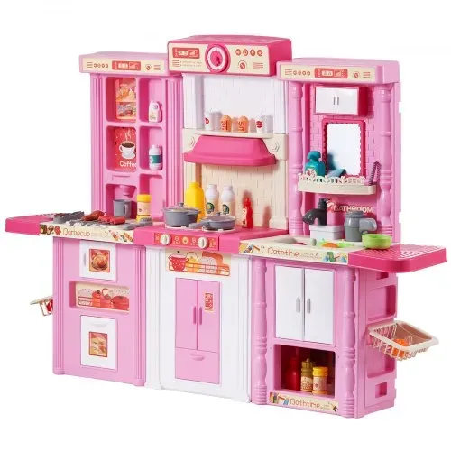 VEVOR Kinderküchen-Spielset, 3-in-1-Kleinkinderküche mit simuliertem Sprühnebel, Geräuschen & Lichtern, Spielküchenset mit 74-teiligem Kochzubehörset für Kinder im Alter von 3–8 Jahren, pink – Bild 10
