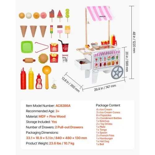 VEVOR Eiswagen für Kinder, 20+ Zubehörteile, Eisdielen-Spielzeugküche mit Eistüte, Markise & Gefrierschrank, Aufbewahrungsschubladen & umblätterbaren Speisekarten, für Kinder von 3–7 Jahren – Bild 6