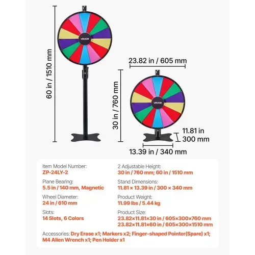 VEVOR Glücksrad Drehrad (61 cm) 14 Slots Glücksrad mit Ständer, höhenverstellbar, Lotteriespiele Gewinn-Roulette mit Tafelschwamm & 2 Markern, 6 Farben, ideal für Party Kneipe Messe – Bild 6