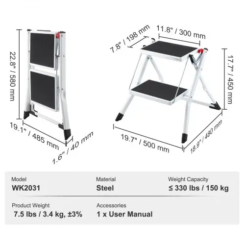 VEVOR Haushaltsleiter 500x480x450mm Trittleiter faltbar aus Stahl Stehleiter 2 Stufe Stufenleiter 150kg Tragfähigkeit Klapptritt Doppelstufenleiter 445mm hoch Küchenleiter Rutschfest Tritthocker – Bild 6