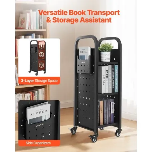 VEVOR Bücherwagen, 100 kg Tragkraft, Bibliothekswagen, 32 x 35 x 93,5 cm, einseitiges L-förmiges Bücherregal mit Doppelbremsrollen, Bücherregalwagen für Wohnzimmer, Büro, Schule, Schwarz VEVOR Bücherwagen, 100 kg Tragkraft, Bibliothekswagen, 32 x 35 x 93,5 cm, einseitiges L-förmiges Bücherregal mit Doppelbremsrollen, Bücherregalwagen für Wohnzimmer, Büro, Schule, Schwarz