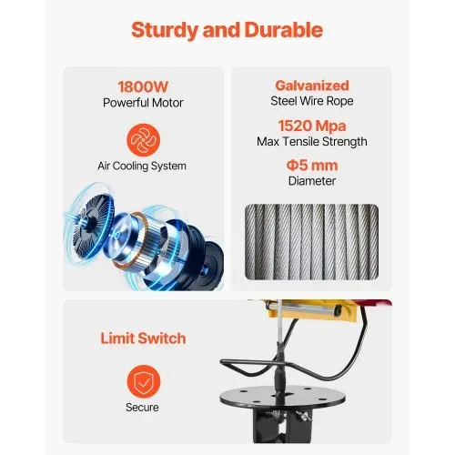 VEVOR 2-in-1 elektrische Hebewinde, 500 kg Kapazität, 1800 W tragbare Kraftwinde, 30 m Hubhöhe, 11 m/min mit Kabel- und kabelloser Fernbedienung, für Garage, Lager, Fabrik, Hebe- & Abschlepparbeiten – Bild 5